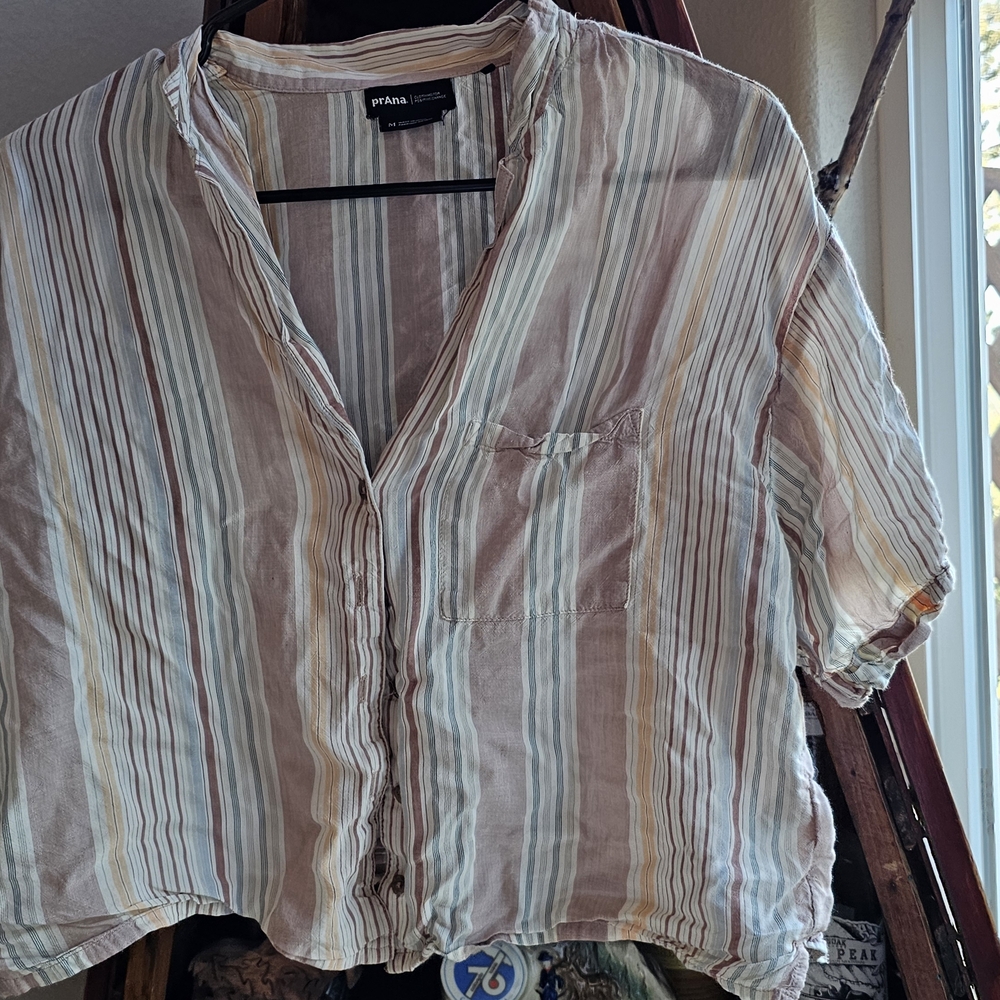 Prana Striped Button Down Shirt - Cream and Brown